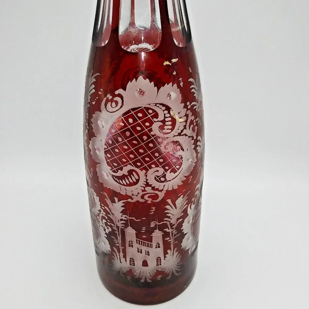 Czechoslovakia 15" Decanter Christmas Holiday Cranberry Red Crystal Cut to clear - Picture 10 of 10